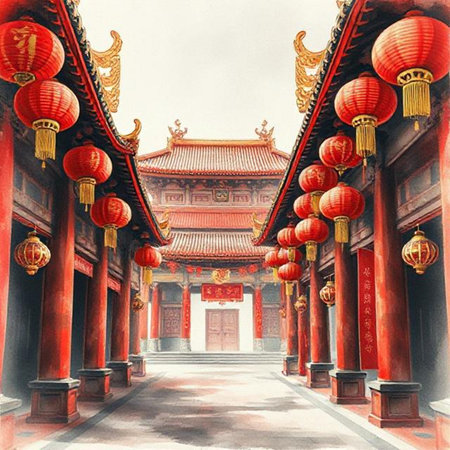 Chinese temple with red lanterns. Digital painting, background illustration.の素材