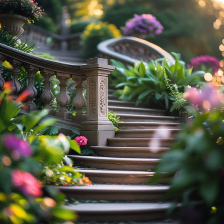 Wooden staircase in the garden with beautiful flowers. Selective focus.の素材