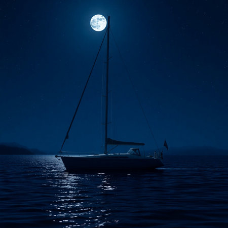 Yacht on the sea at night with full moon in the skyの素材