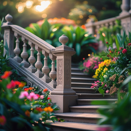 Wooden staircase in the garden with beautiful flowers at sunset time.の素材