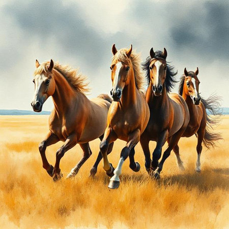 Horses running on the field. Watercolor painting. Digital illustration.の素材