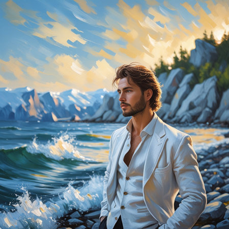 Portrait of a handsome young man in a white jacket on the seashoreの素材