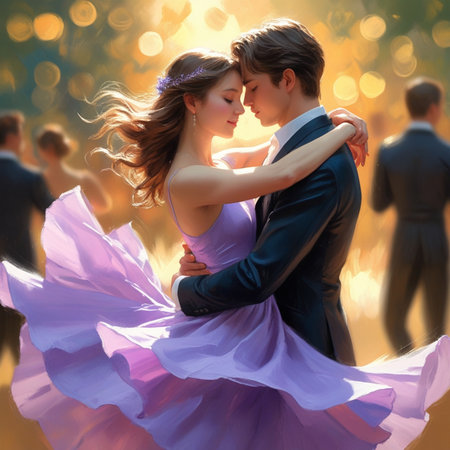Beautiful young couple dancing ballroom dance over bokeh backgroundの素材