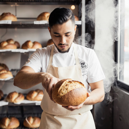 young male baker in apron holding fresh baked bread in hands in bakeryの素材
