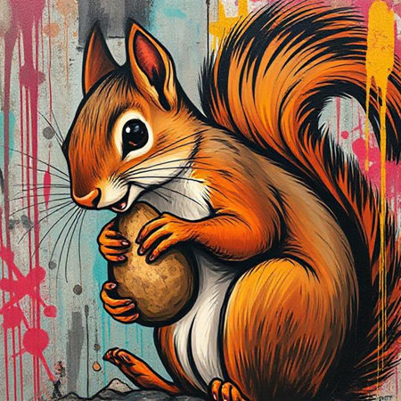 Squirrel with a nut in his hand. Illustration on an abstract background.の素材