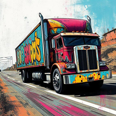 Truck on the road. Illustration with oil painting effect.の素材