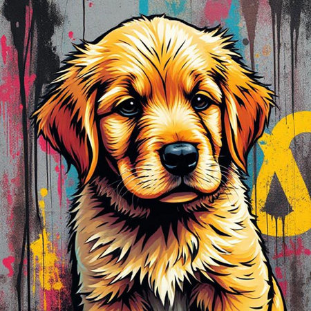 dog painting on canvas, drawing by color pencils, vector illustrationの素材