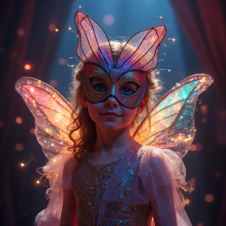 Cute little girl in a carnival mask. Fairy tale.の素材
