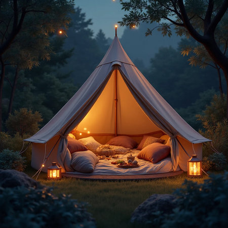 Camping tent in the forest at night. 3D rendering.の素材
