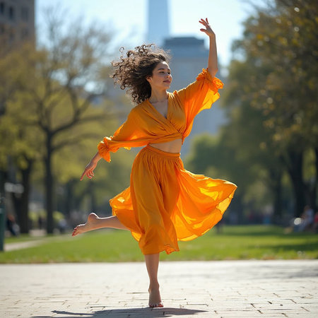 Beautiful young woman in yellow dress dancing in the city park.の素材