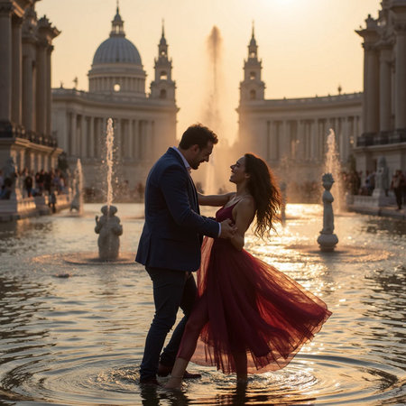 Romantic couple dancing in the fountain of St. Peter's Square at sunset, Rome, Italyの素材