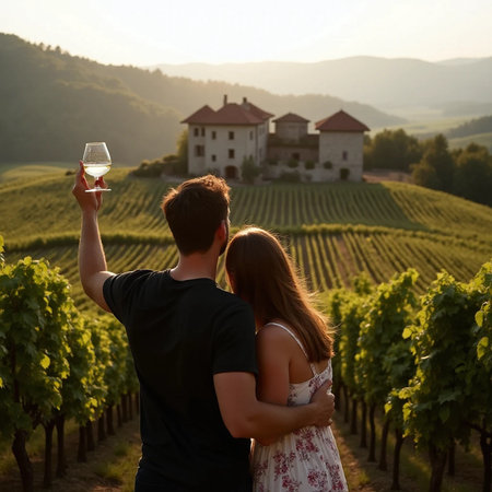 Young couple in vineyard with glass of white wine at sunset.の素材