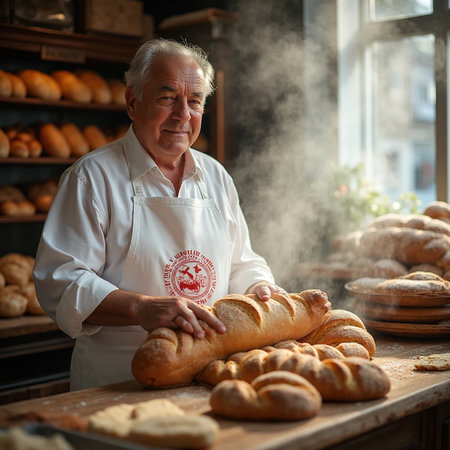 Senior baker in a bakery making fresh bread in his small bakery.の素材