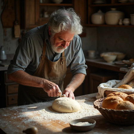 Elderly man kneading dough in the kitchen at homeの素材