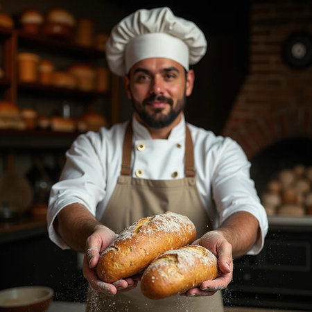 Portrait of a male baker holding freshly baked bread in the kitchenの素材