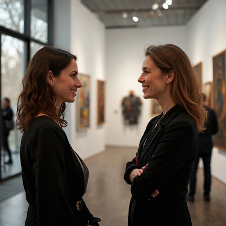 Two young women looking at paintings in museum. They are smiling.の素材