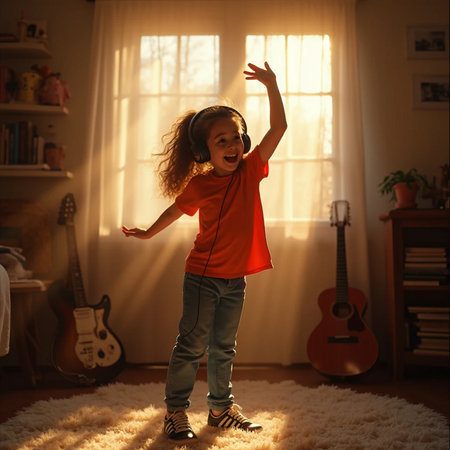 Little girl with headphones dancing in room at home. Music concept.の素材