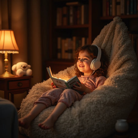 Cute little girl in headphones reading a book while sitting in armchair at homeの素材