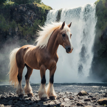 Horse on the background of the Skogafoss waterfall in Icelandの素材