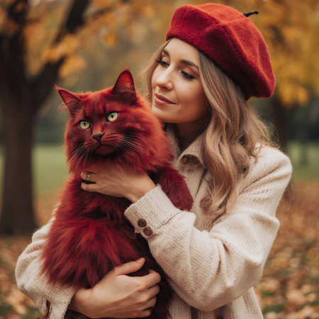 Beautiful young woman with a red cat on the background of an autumn parkの素材