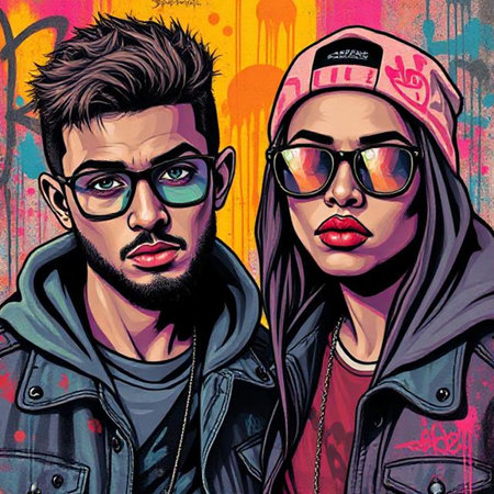 Portrait of a young man and a woman in a hood and glasses.の素材