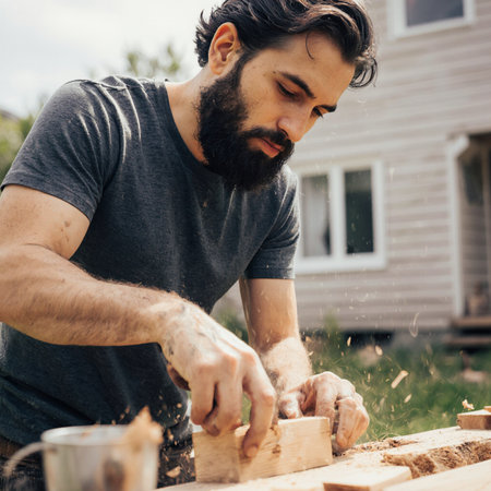 Carpenter working on wood in his backyard. Bearded man cutting wood with a chisel.の素材