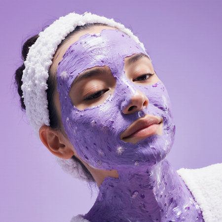 Young woman with purple clay facial mask on purple background. Beauty treatment.の素材