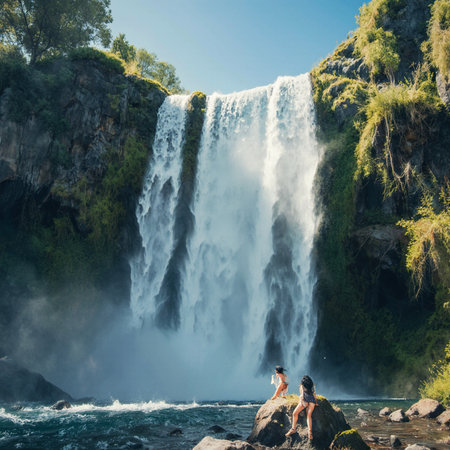 Beautiful woman in bikini taking photo of a waterfall in Dalmatia, Croatiaの素材