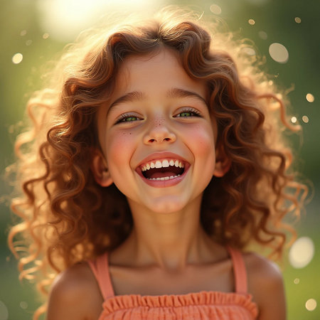 Portrait of a beautiful little girl with curly hair on the natureの素材