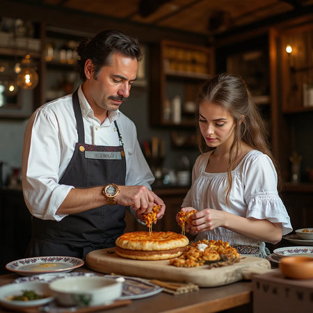 Man and woman cooking pizza in a restaurant kitchen. People working in the kitchen.の素材