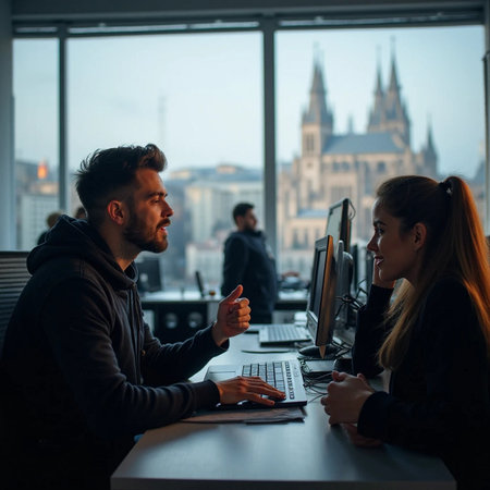 Young man and woman sitting at the table in front of the computer monitor in the officeの素材