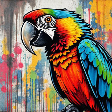 Colorful parrot on a grunge background with colorful splashesの素材