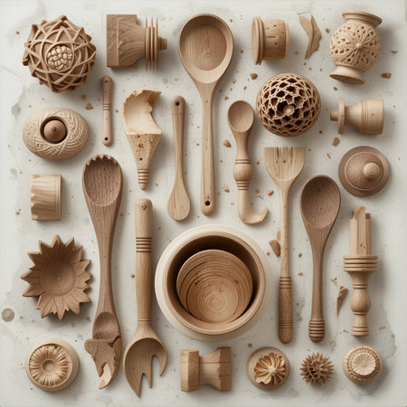 Wooden kitchen utensils on old paper background, top viewの素材