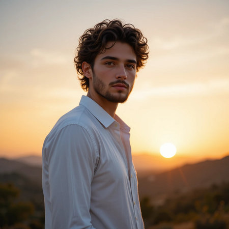 Portrait of a handsome young man with curly hair, wearing a white shirt, standing outdoors at sunset.の素材