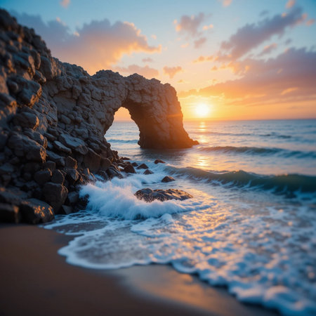 Sunset on the beach with a stone arch in the foreground.の素材
