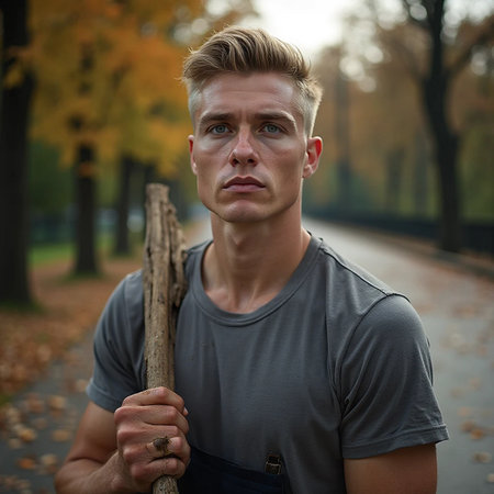 Portrait of a handsome young man with blond hair in the autumn parkの素材