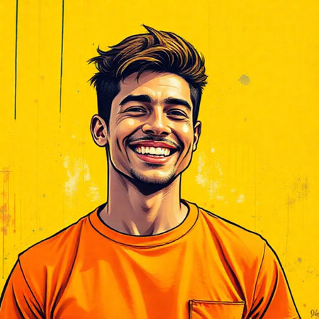 Portrait of a handsome young man in an orange t-shirt on a yellow backgroundの素材