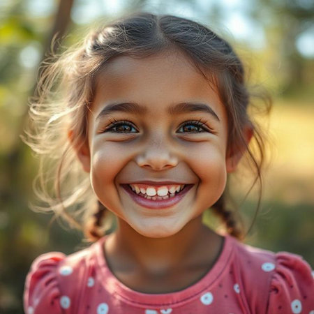 Portrait of a cute little girl smiling in the park on a sunny dayの素材