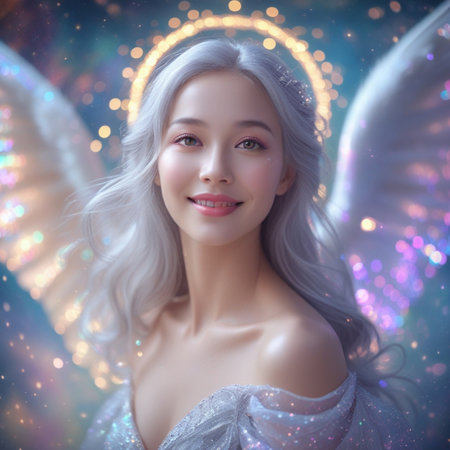Beautiful angel girl with white wings and magic lights on background.の素材