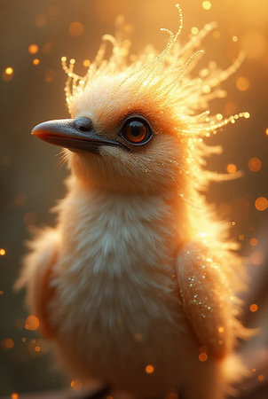 Cute little chicken with golden bokeh lights on background.の素材