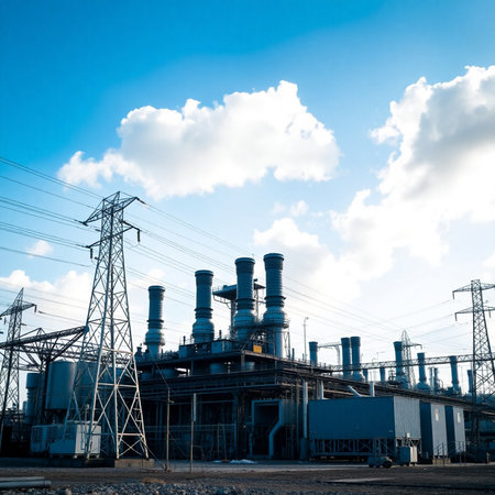 Power plant with blue sky and white clouds. Industrial landscape background.の素材