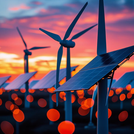 Solar panels and wind turbines at sunset. Renewable energy concept.の素材
