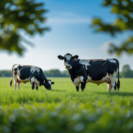 Two black and white cows grazing on green meadow under blue skyの素材