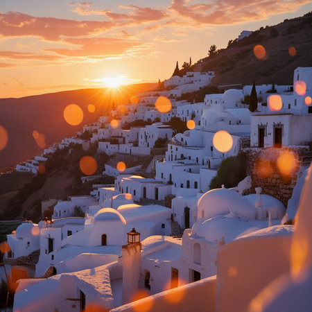 Oia village on Santorini island in Greece at sunset.の素材
