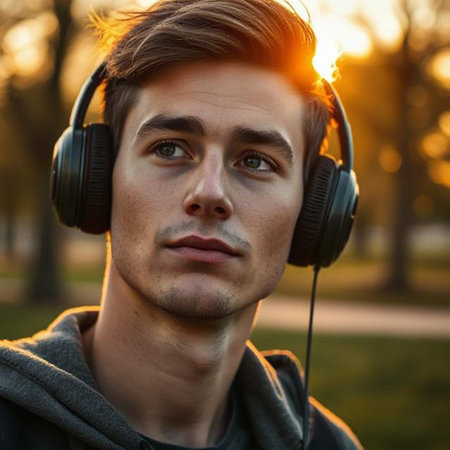 Handsome young man listening to music in the park at sunsetの素材