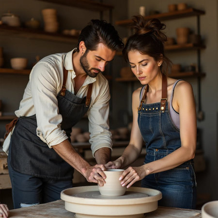 Couple working on pottery wheel in a pottery workshop.の素材