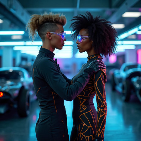 Fashionable african american woman and man in futuristic clothing.の素材