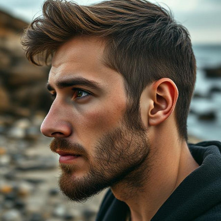 Portrait of a handsome young man with a beard. Men's beauty, fashion.の素材