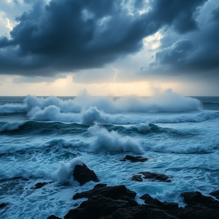 Stormy seascape with stormy sky and dramatic clouds.の素材