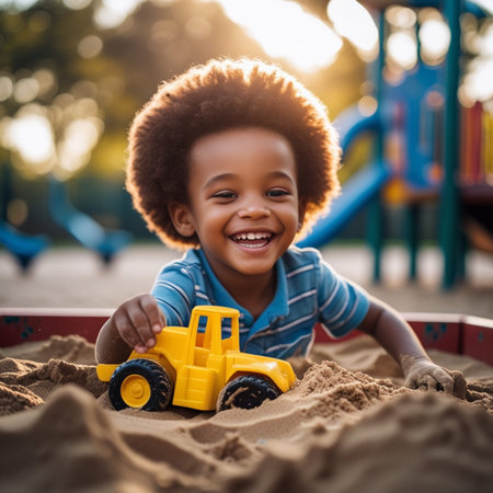 Cute african american boy playing with a toy truck on the playgroundの素材